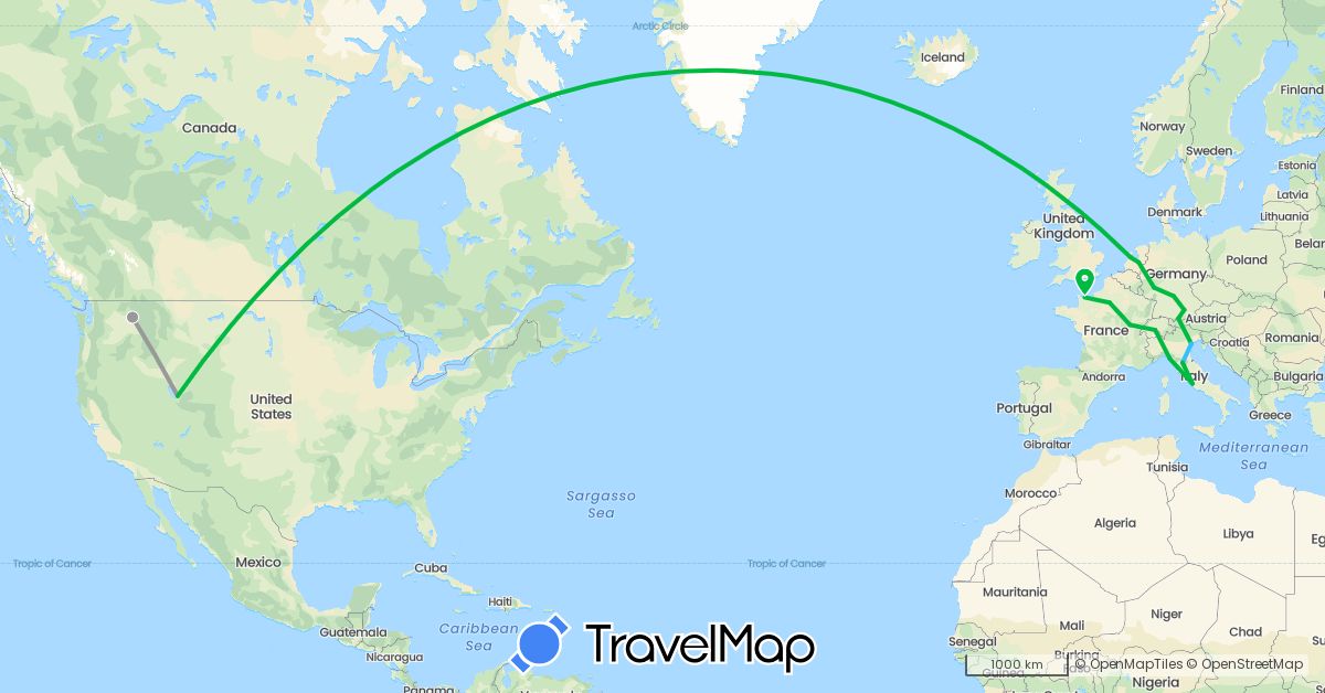TravelMap itinerary: bus, plane, boat in Switzerland, Germany, France, Italy, Netherlands, United States (Europe, North America)